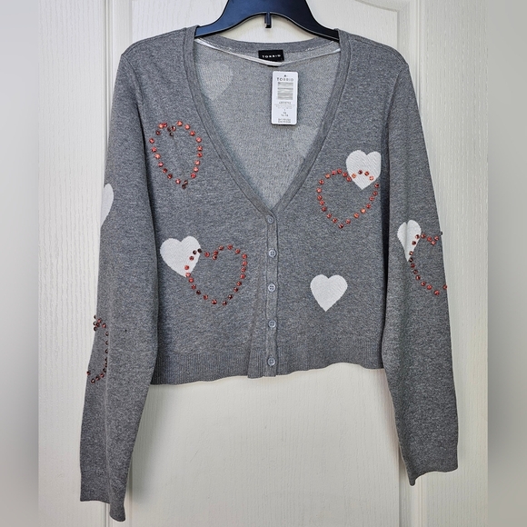 Torrid Long Sleeve Hearts Shrug Gray with Red Rhinestone Hearts 1X - Picture 7 of 12